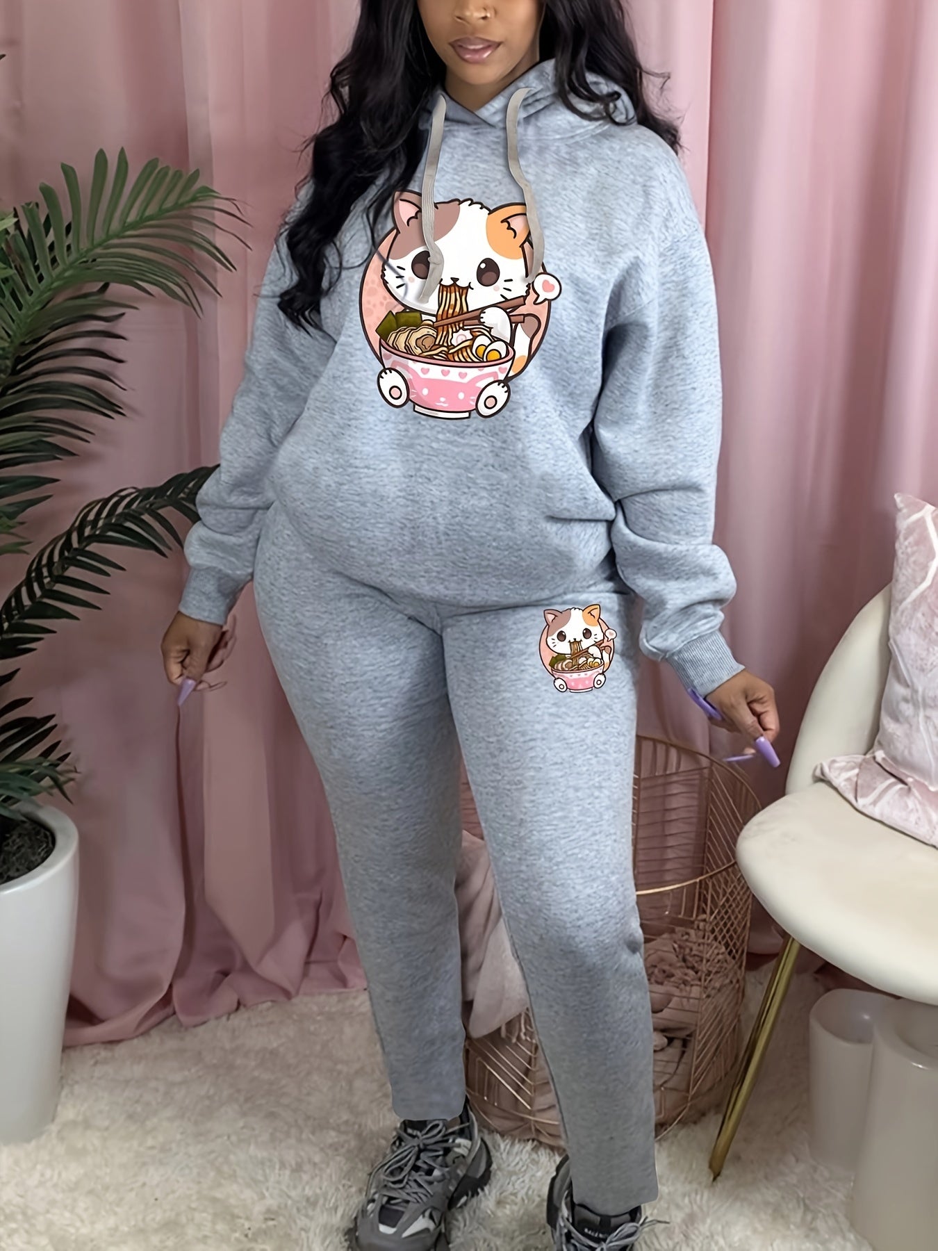 Women's Plus Cat Hoodie & Sweatpants Set