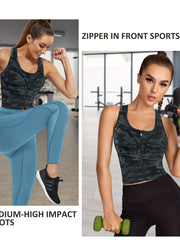Zip Front Longline Padded Sports Bra for Women