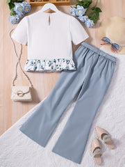 Girls' Boho Floral Top & Flare Leg Pants Casual Suit For Summer