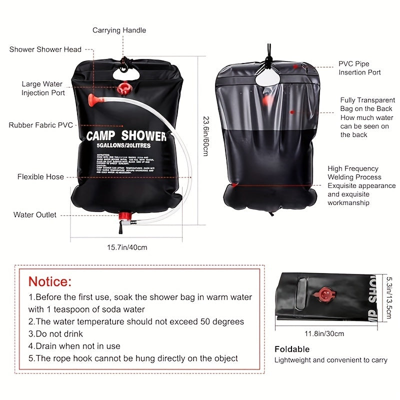 5 Gallon Solar Shower Bag - Heats Up To 45 C - Camping Hiking