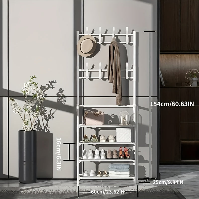 Metal Entrance Coat Rack Shoe Rack w/ 4 Storage Shelves & 8 Double Hooks