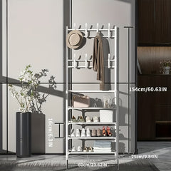 Metal Entrance Coat Rack Shoe Rack w/ 4 Storage Shelves & 8 Double Hooks