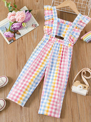 Toddler Girls Plaid Graphic Ruffle Trim Romper Jumpsuit