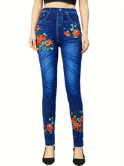 Floral Denim Print High Rise Stretch Leggings
