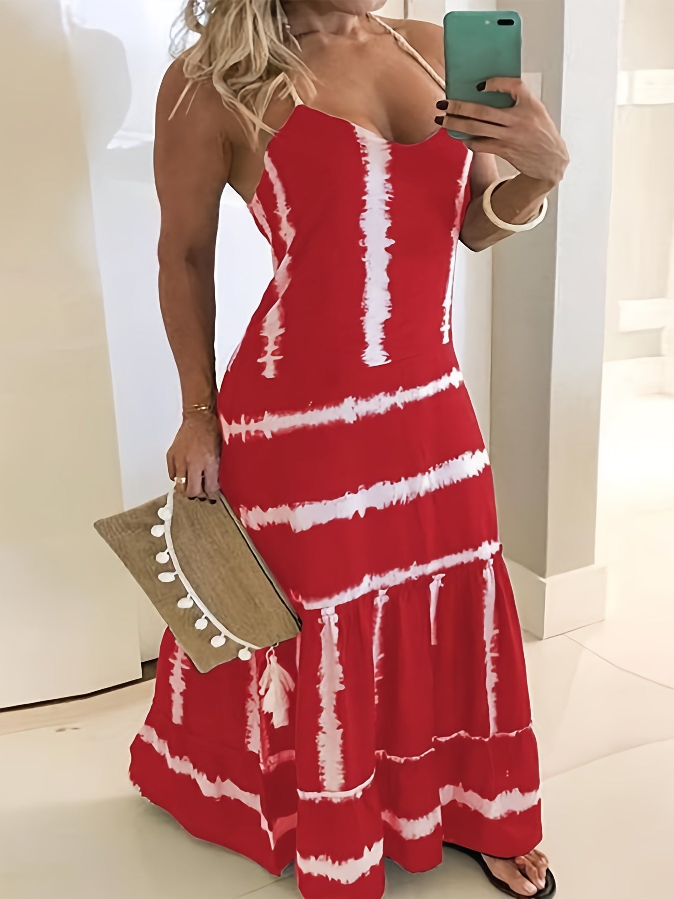 Plus Size Tie Dye V Neck Maxi Dress Women's Plus Stretch Sexy Long Dress