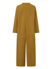 Solid Pockets Jumpsuit Casual Stand Collar Button Front Long Sleeve