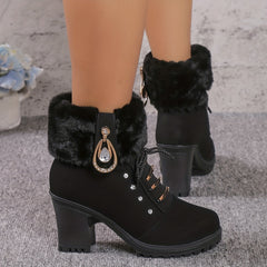 Plush Heeled Ankle Boots with Rhinestone Decor Side Zipper Thermal Chunky Heels