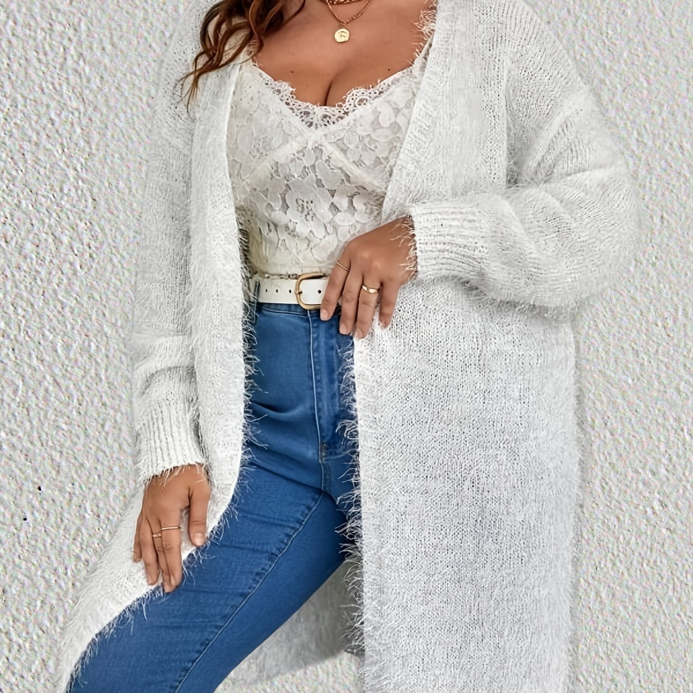 Longline Fuzzy Solid Cardigan Women's Plus Slight Stretch