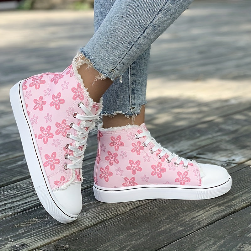 Pink Floral High Top Canvas Sneakers Lace Up Flat Shoes