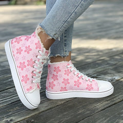Pink Floral High Top Canvas Sneakers Lace Up Flat Shoes