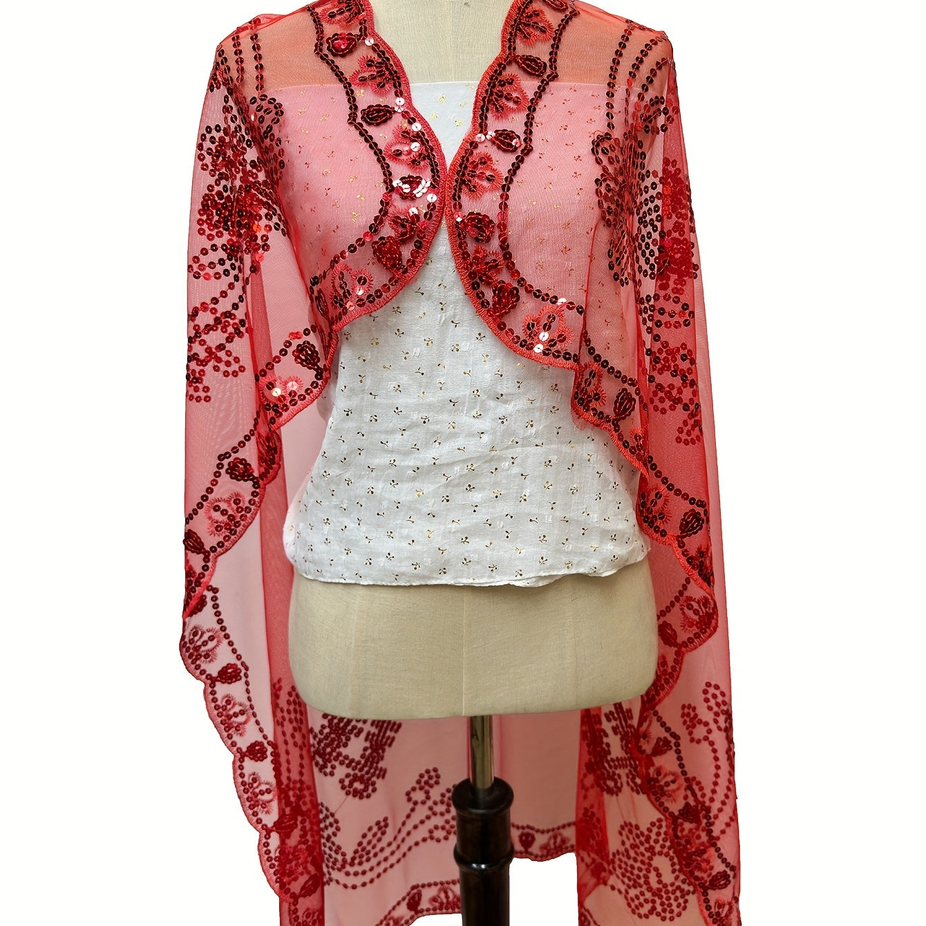 Red Sequin Embroidery Shawl Square Scarf Cape for Wedding Bridal