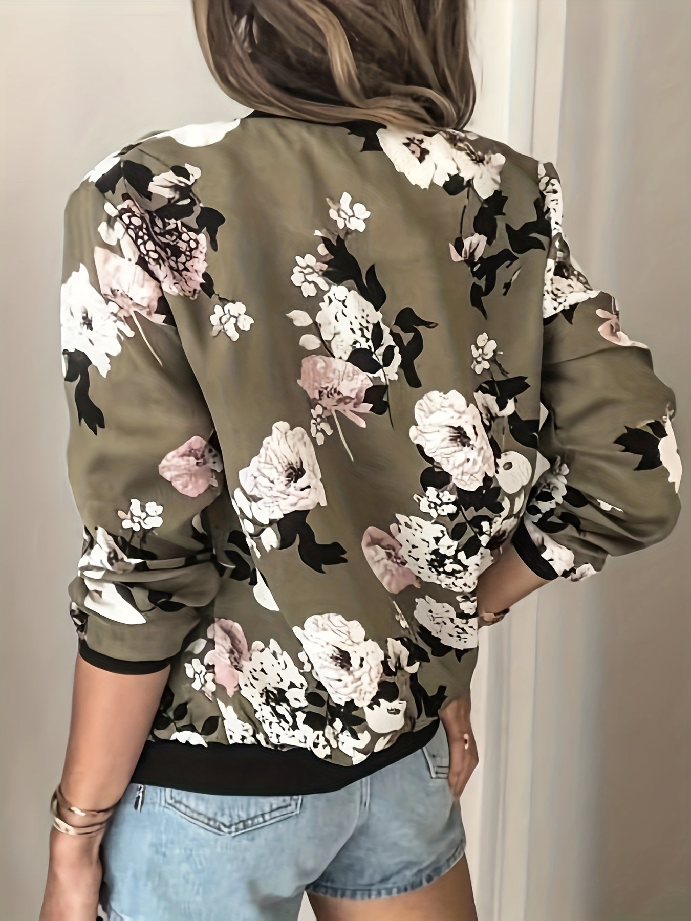 Floral Print Zip Up Jacket Casual Long Sleeve Jacket