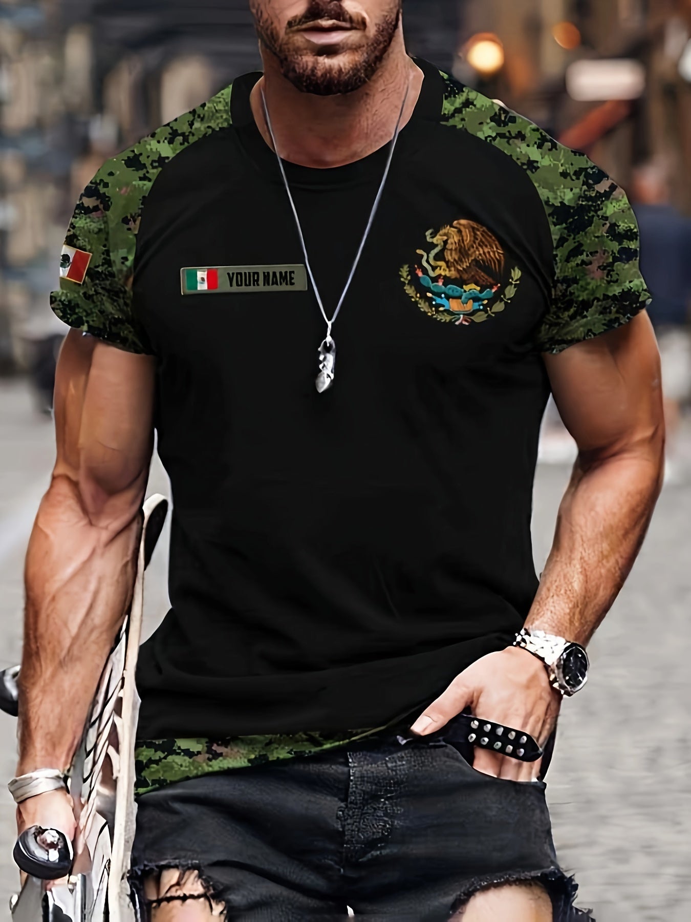 Eagle Pattern T shirt Men's Casual Street Style Stretch Round Neck Tee Shirt
