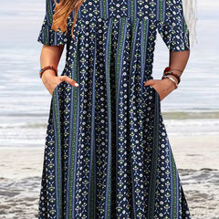 Floral Print Boho Plus Dress Short Sleeve Round Neck Pockets