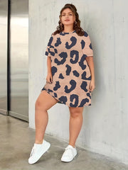 Plus Dalmatian Print Short Sleeve Round Neck Dress