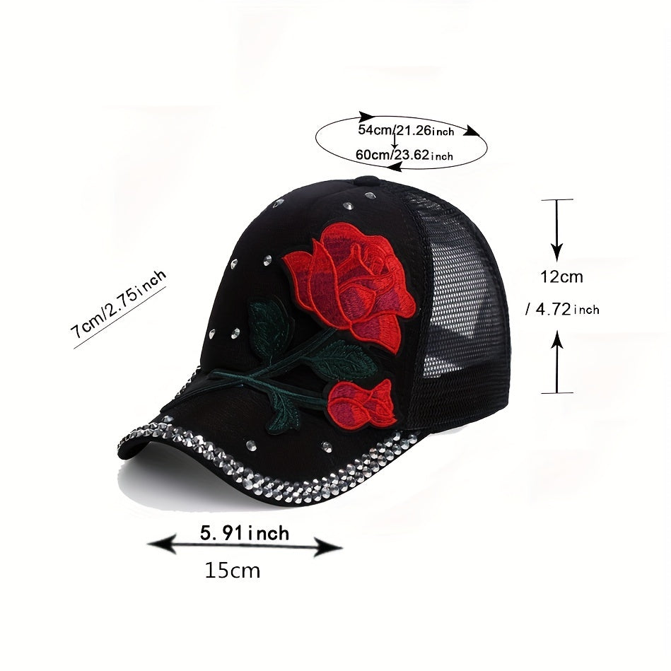 Red Rose Patch Trucker Hat Classic Embroidery Mesh Baseball Cap Rhinestone Decor