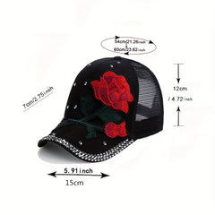 Red Rose Patch Trucker Hat Classic Embroidery Mesh Baseball Cap Rhinestone Decor