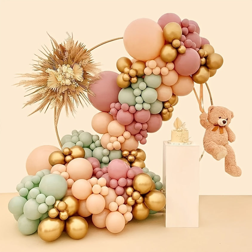 140pcs Balloon Garland Arch Set in Pink, Green, Gold, and Skin Tones