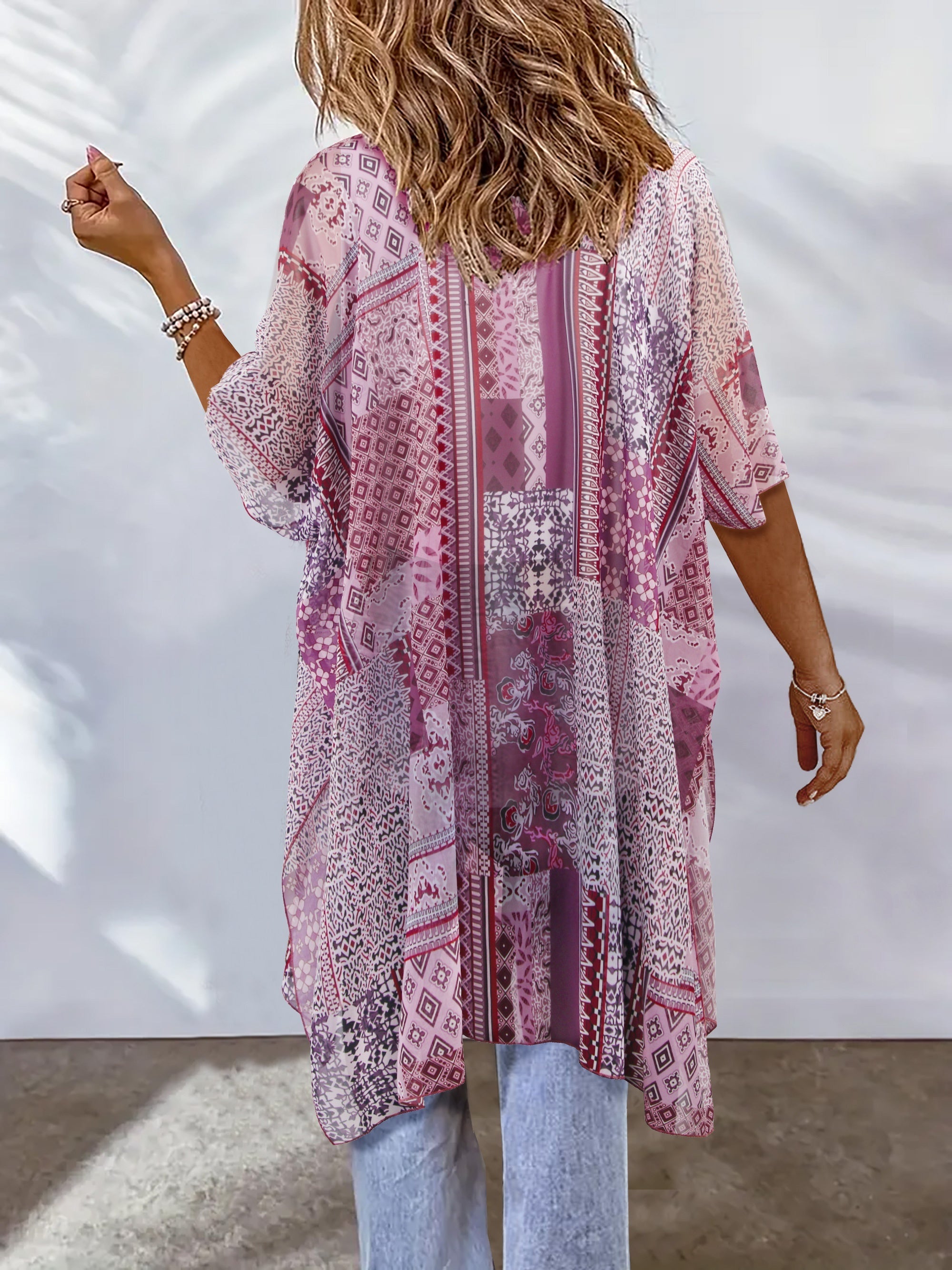 Boho Cover Up Women's Plus Scarf Print Bat Sleeve Open Front Cover Up