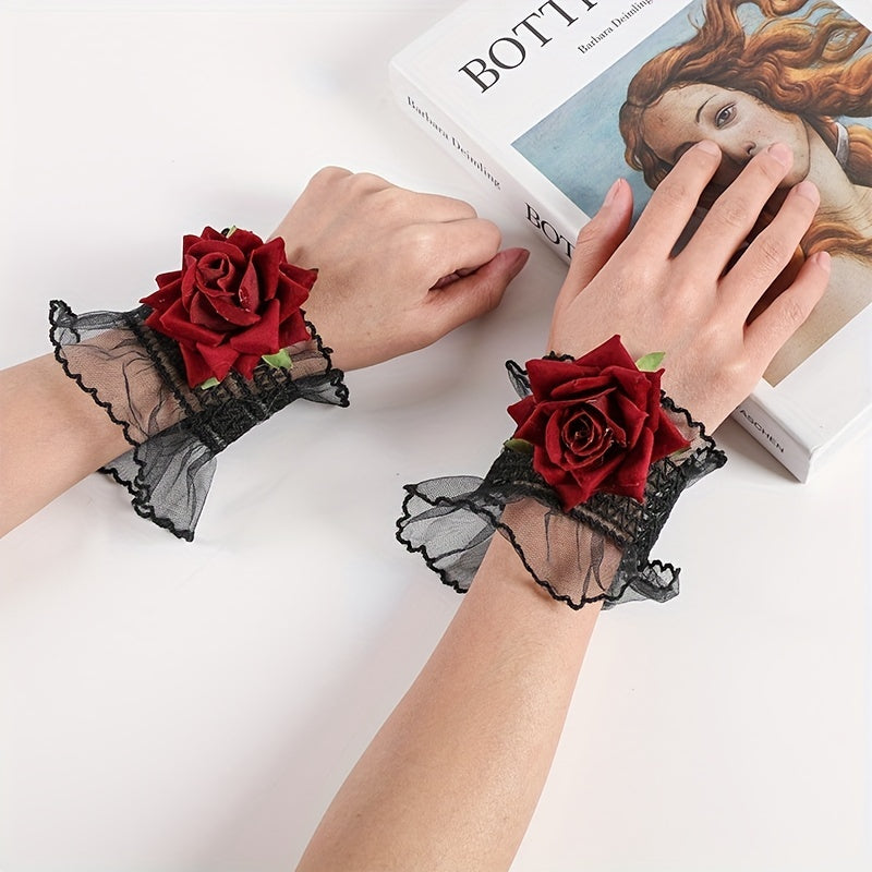Rose Decor Lace Wrist Cuffs Ruffles Lace Pleated Horn Cuffs