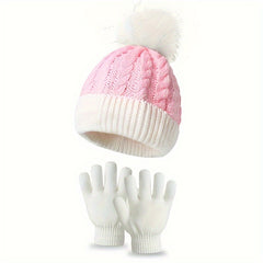 Kids Warm Hat & Gloves Set for Cold Weather, Knitted Windproof Hat & Gloves 3pcs