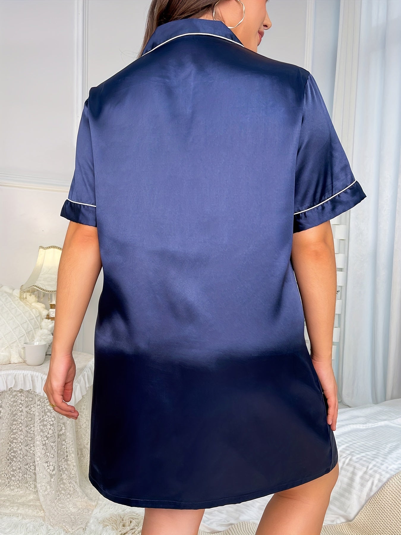 Nightdress Women's Plus Collared Button Up Short Sleeve Nightshirt