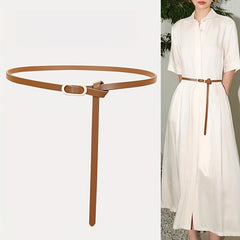 Long Buckle Leather Belt Knotted Thin Waistband for Women