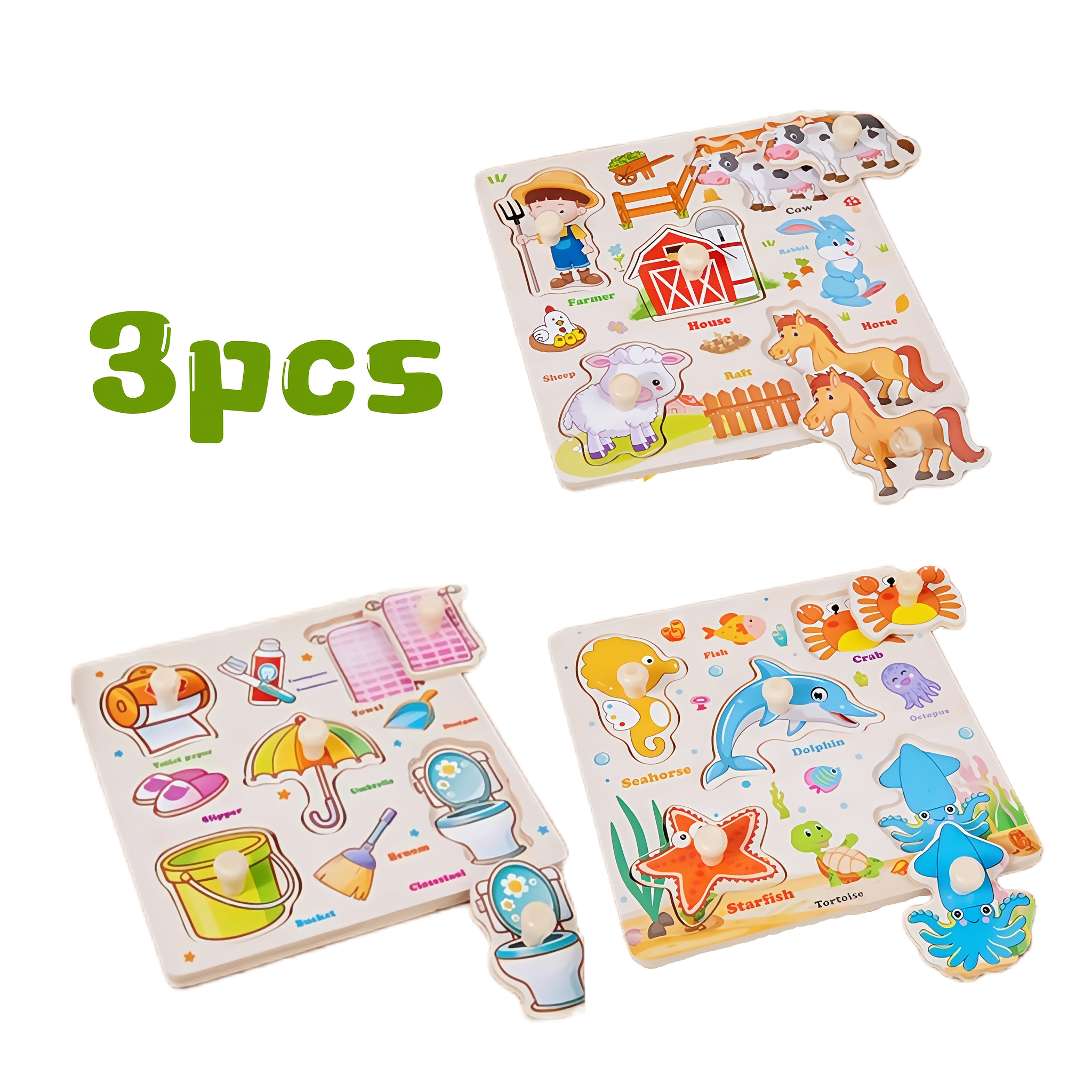 3-Pack Wooden Peg Puzzles for Toddlers - Educational Preschool Toy Set