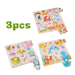 3-Pack Wooden Peg Puzzles for Toddlers - Educational Preschool Toy Set