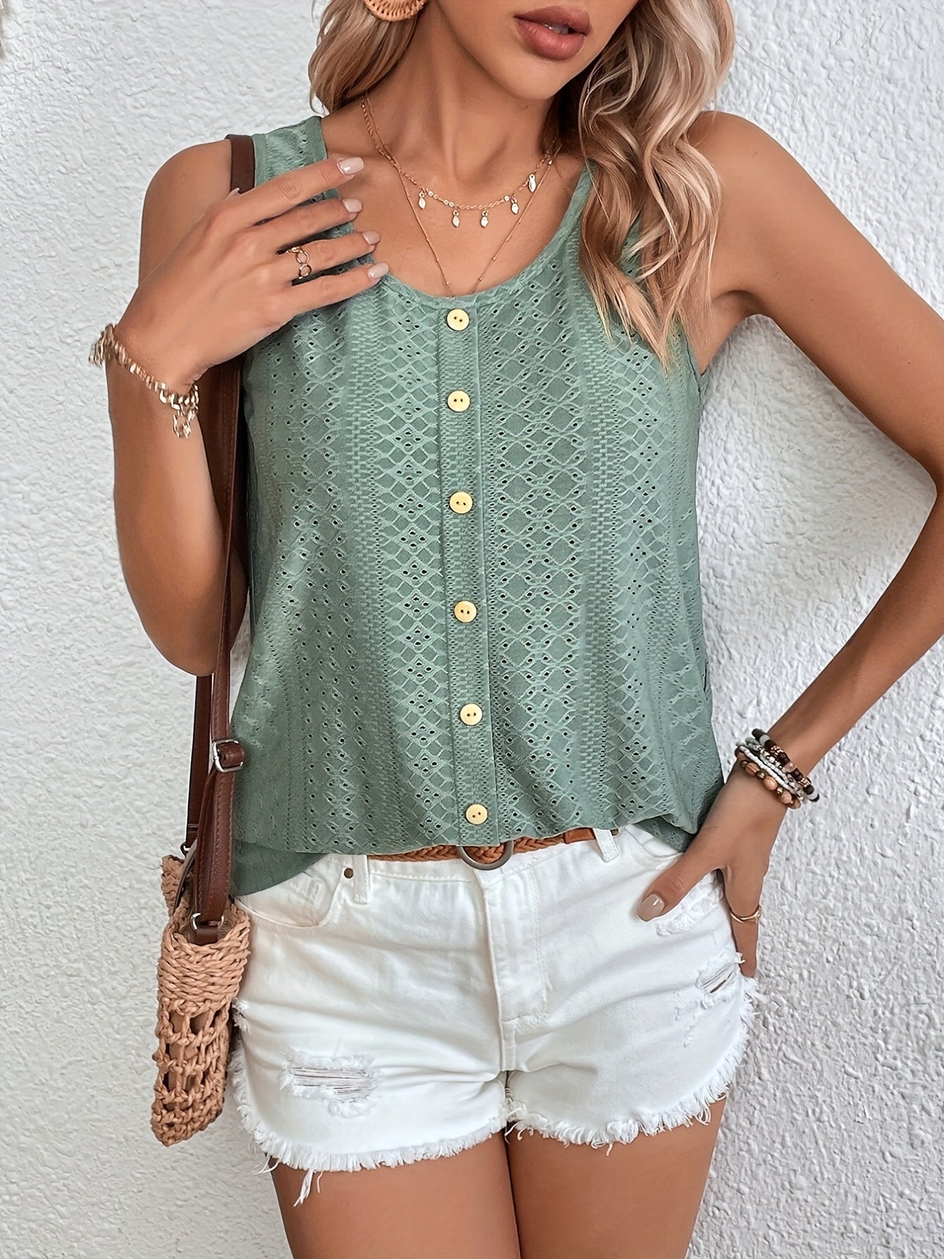 Eyelet Embroidered Button Tank Top Sleeveless Summer Women's Clothing