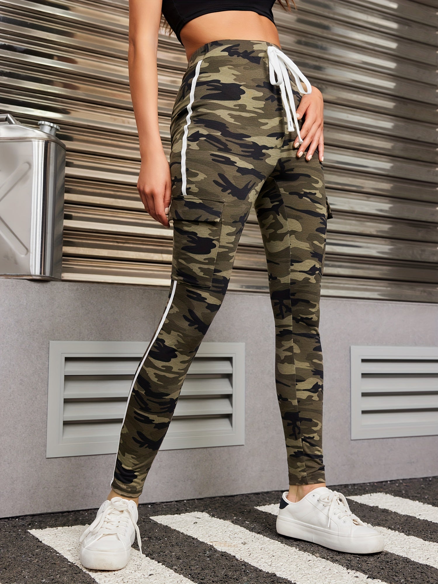Camo Print Skinny Pants High Waist Tied