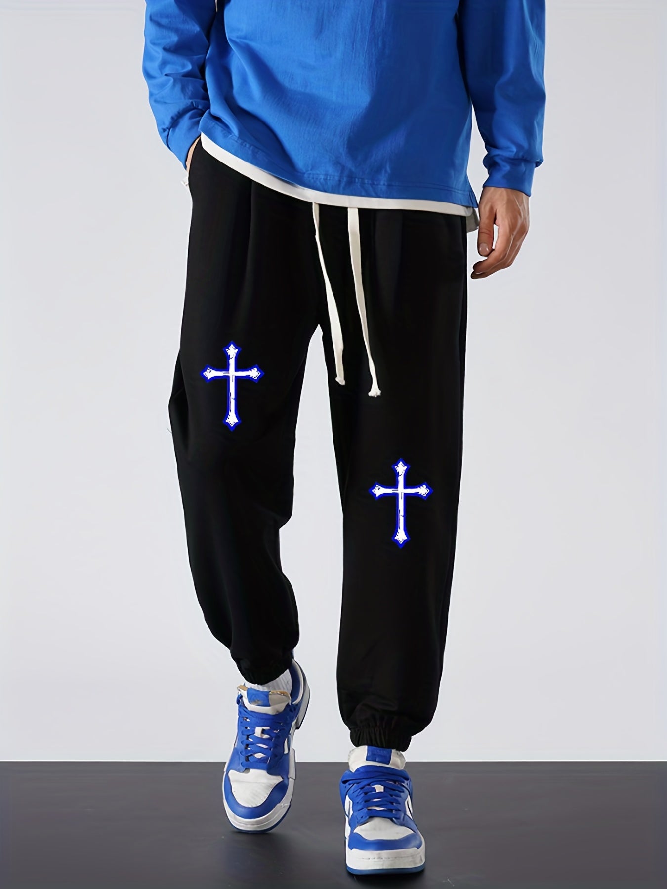 Cross Print Men's Drawstring Sweatpants Loose Casual Comfy Jogger Pants