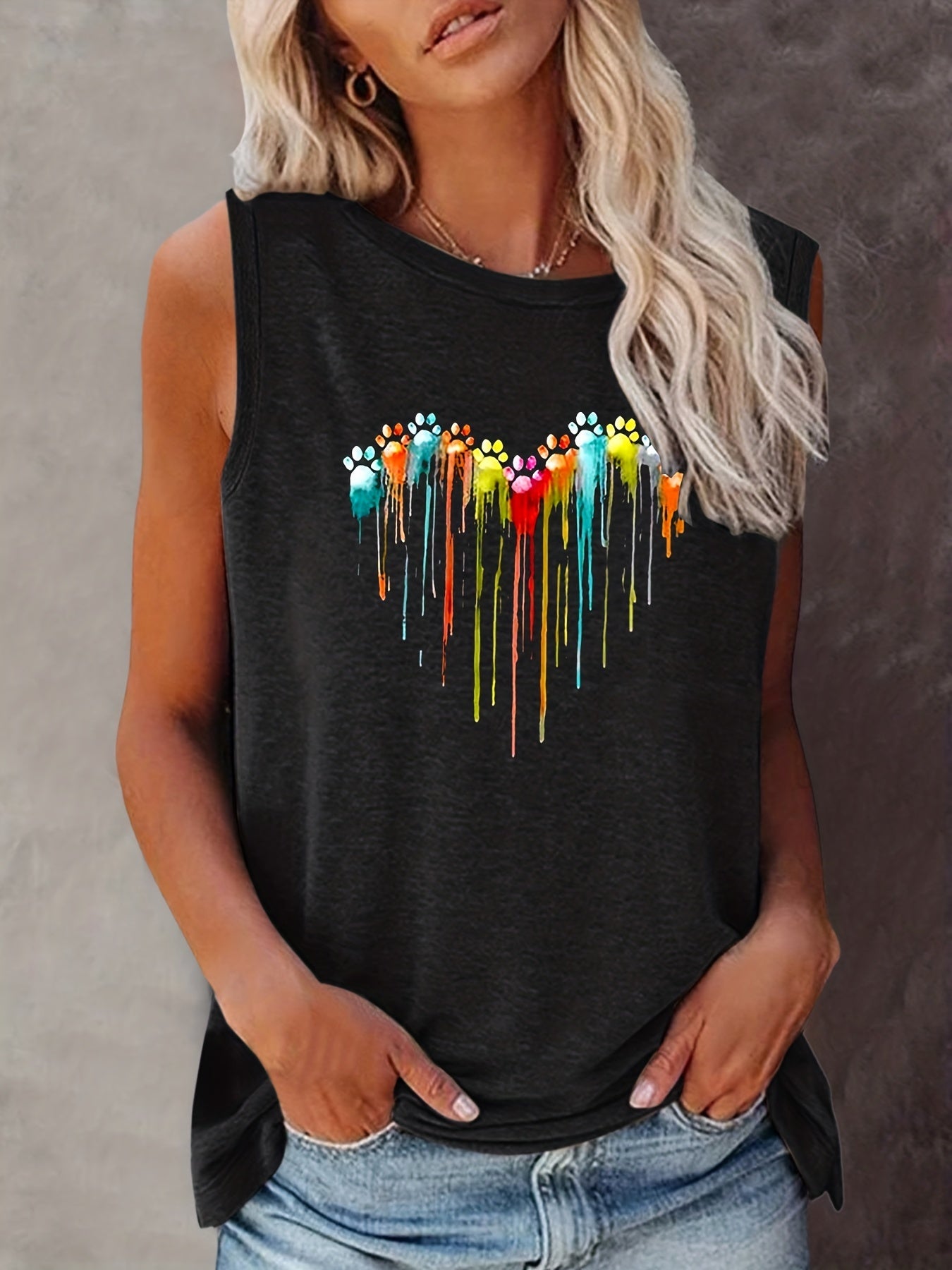 Colorful Paw Print Crew Neck Tank Top Women's Clothing