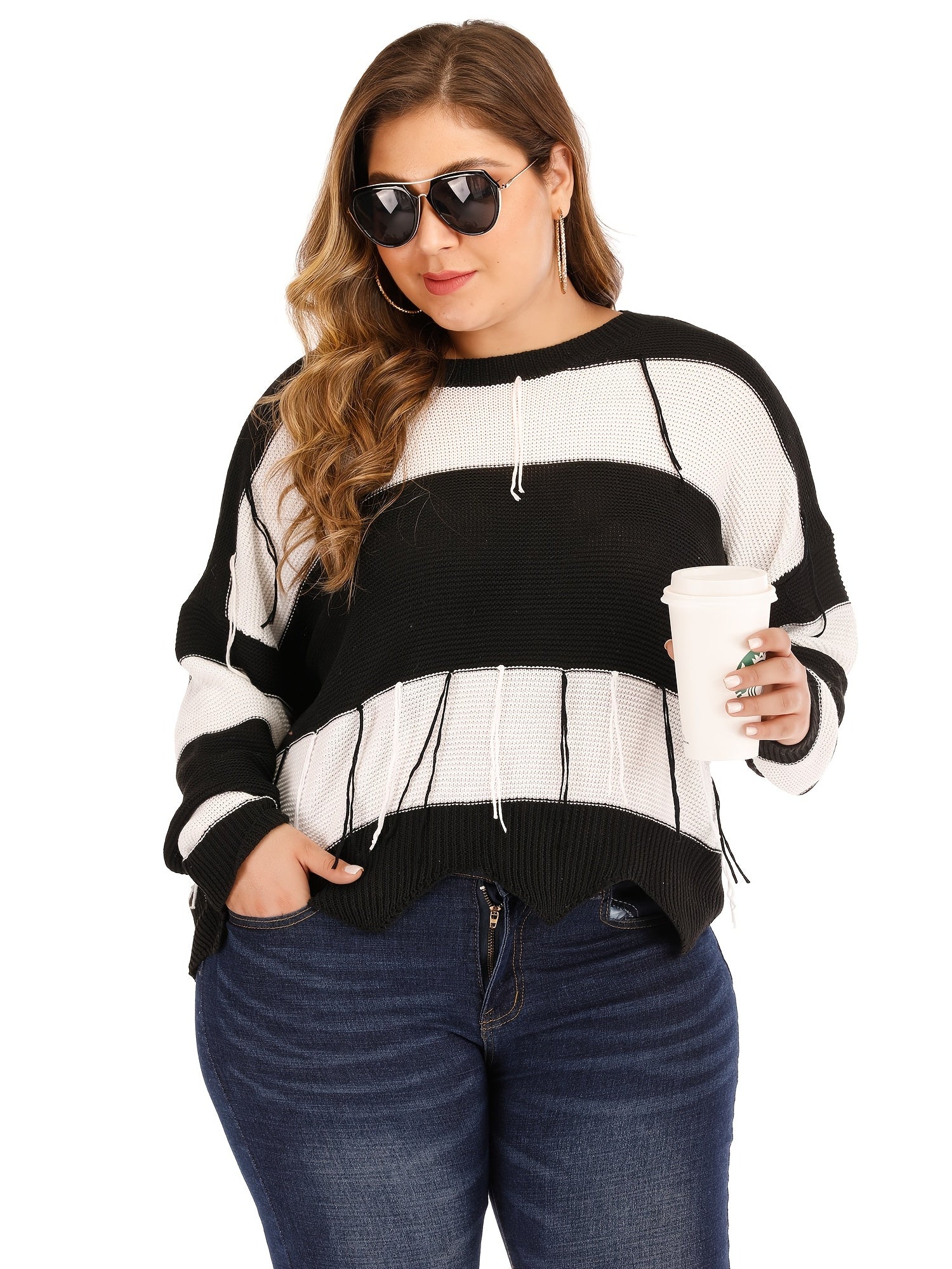 Colorblock Fringe Trim Sweater Loose Fit Women's Plus Casual