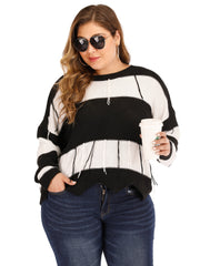 Colorblock Fringe Trim Sweater Loose Fit Women's Plus Casual