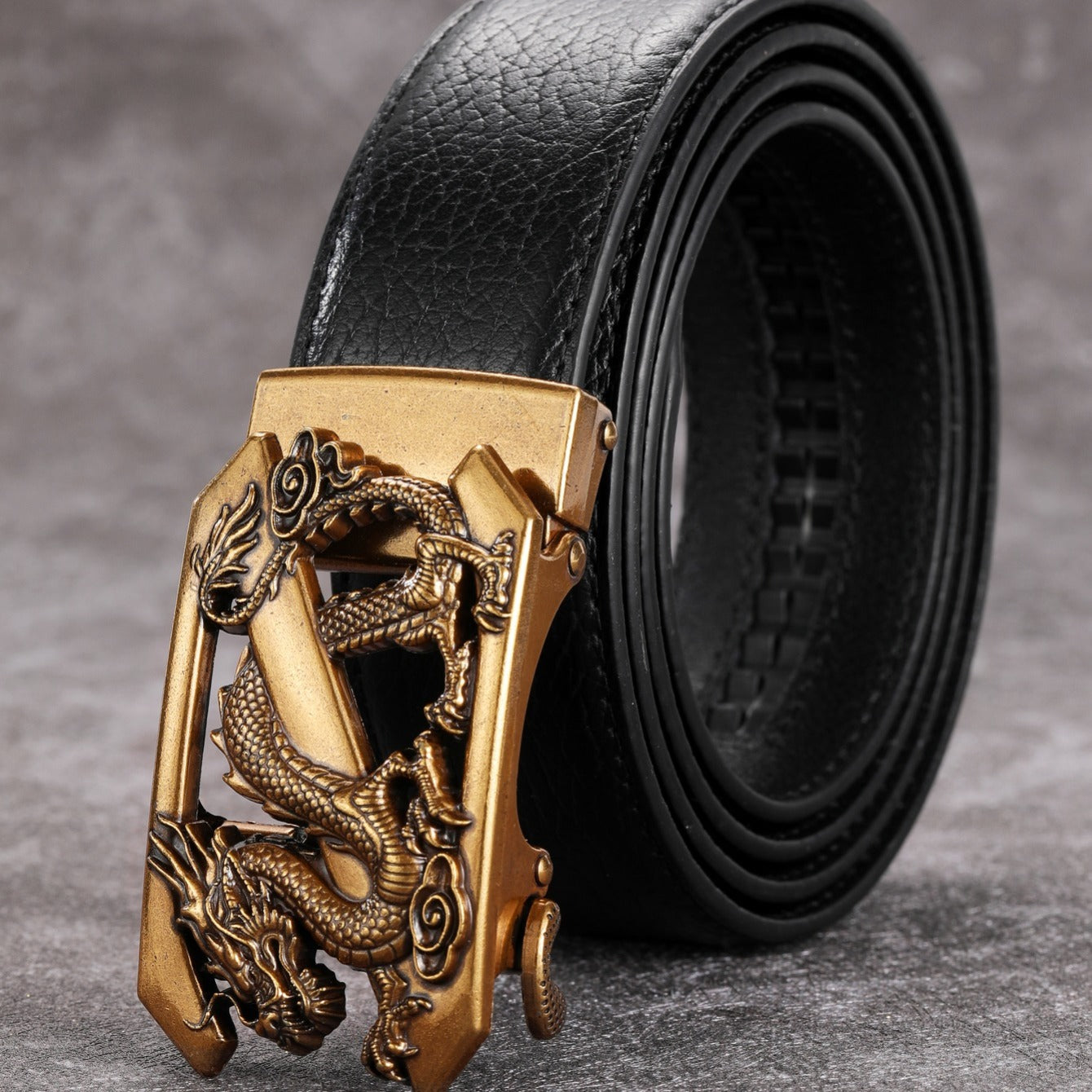 Vintage Men's Belt Golden Dragon Pattern Automatic Buckle