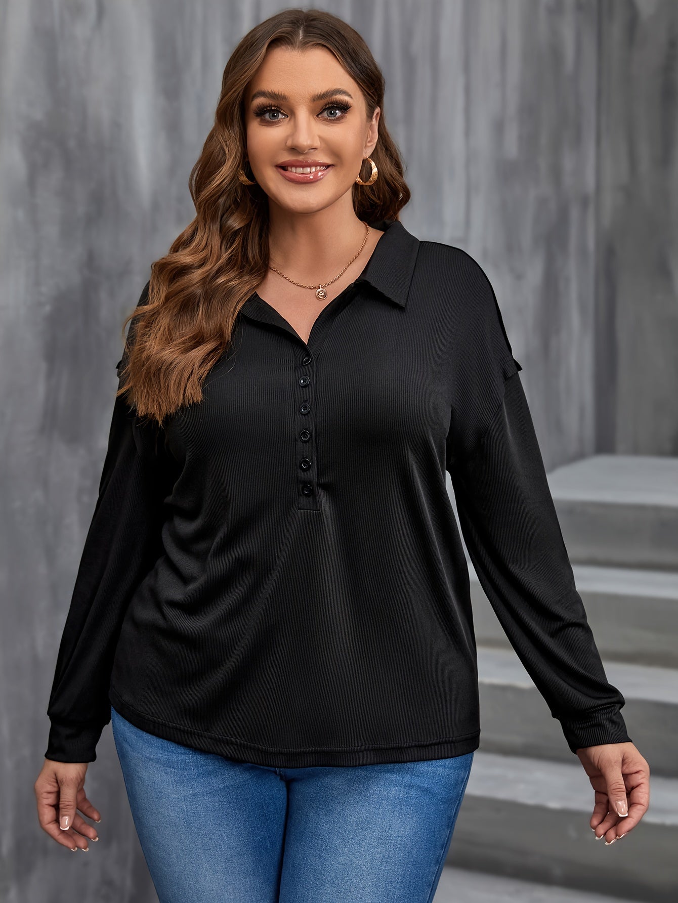 Casual Blouse Women's Plus Solid Long Sleeve Polo Neck Blouse