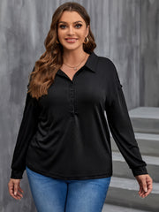 Casual Blouse Women's Plus Solid Long Sleeve Polo Neck Blouse