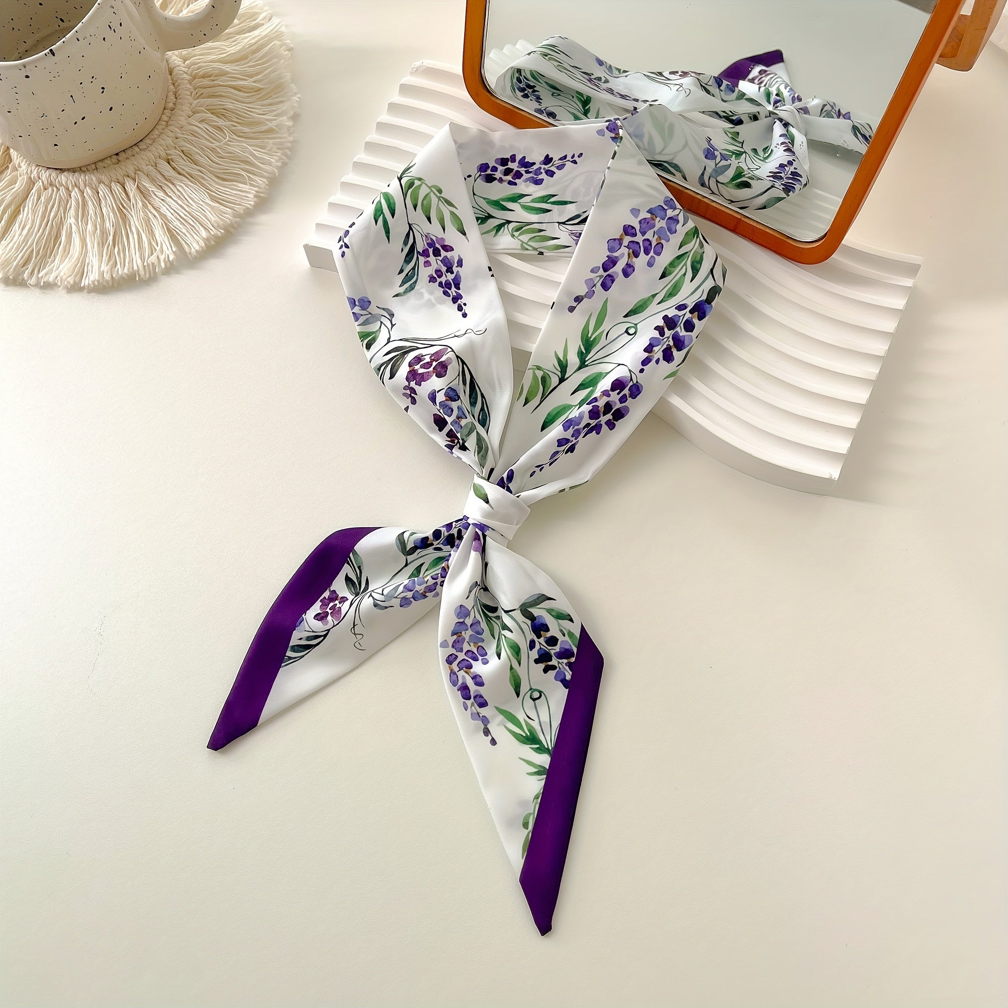 Purple Flower Print Skinny Scarf Silky Long Ribbon Neckerchief Satin