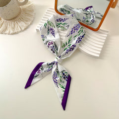 Purple Flower Print Skinny Scarf Silky Long Ribbon Neckerchief Satin
