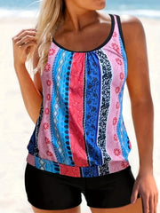 Tribal Style Tankini Set Criss Cross Straps Boxer Short Bottom Swimsuit