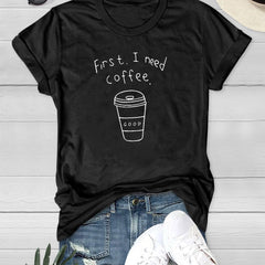 Letter And Coffee Cup Graphic T-shirt Short Sleeve Summer Tee