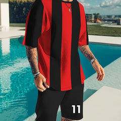 Men's 2 Piece Stripe Pattern T-shirt and Number 11 Shorts Set