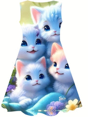 Chubby Cat Crew Sleeveless Dress for Girls - Summer Comfy Outdoor Dress