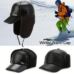 Men's Winter Ear Protection Baseball Hat Warm Cotton PU Leather Hat