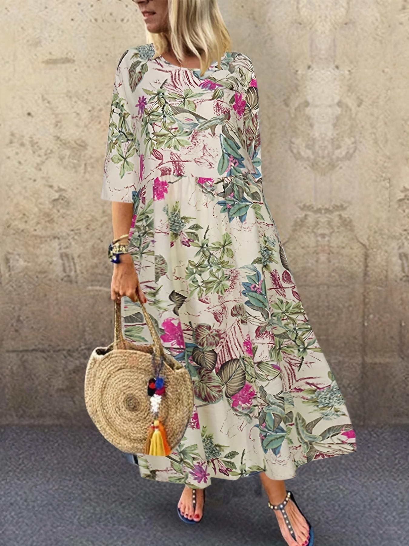 Women's Plus Floral Print Half Sleeve Round Neck Maxi Dress