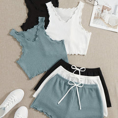 Waffle Pajama Set Solid Comfortable Tank Top & Shorts Women's Loungewear
