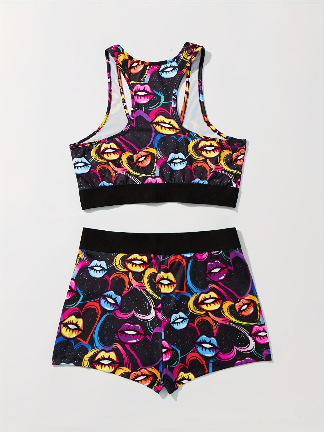 Lip & Heart Print Pajama Set Crew Neck Tank Top & Shorts