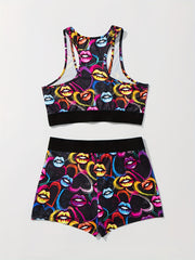 Lip & Heart Print Pajama Set Crew Neck Tank Top & Shorts