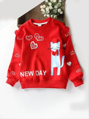 Girls Cat & Heart Print Cotton Pullover Sweatshirt